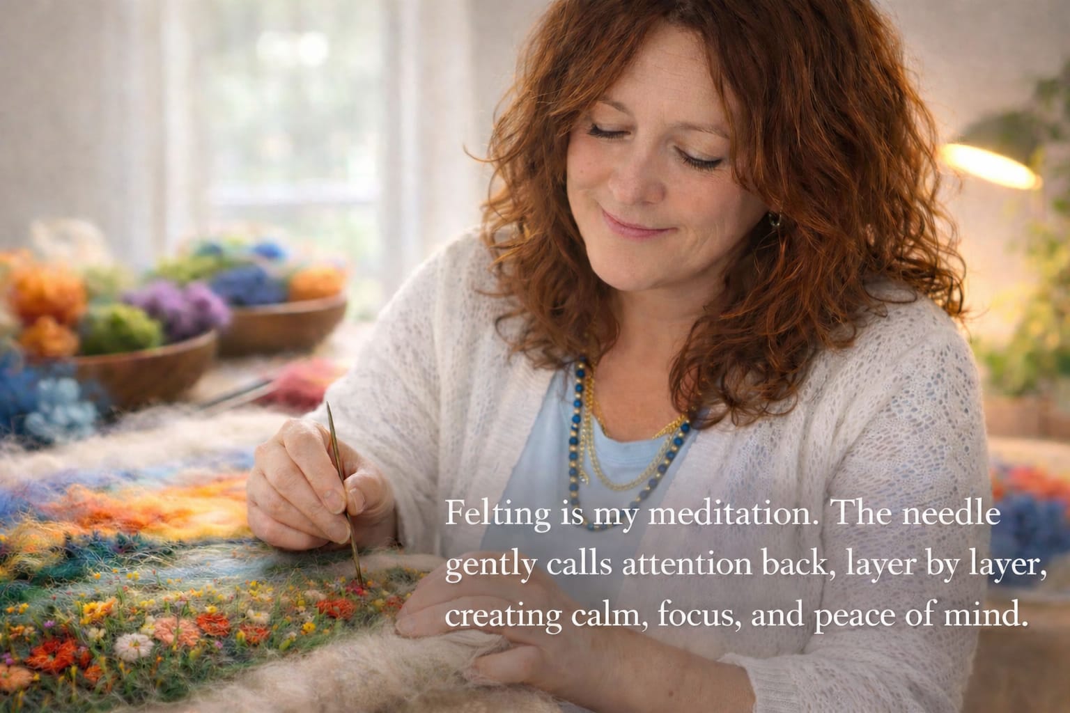 Felting instructor working on colorful wool painting.